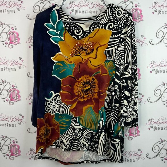 Chico's long sleeve flowers art abstract Multicolor Floral and Abstract Blouse - Picture 1 of 10